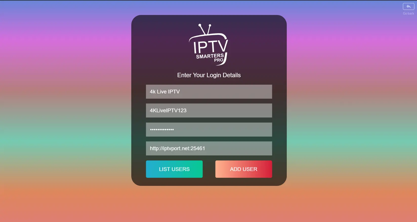 Entering the Xtream Codes username, password, and server URL during IPTV Smarters Pro setup