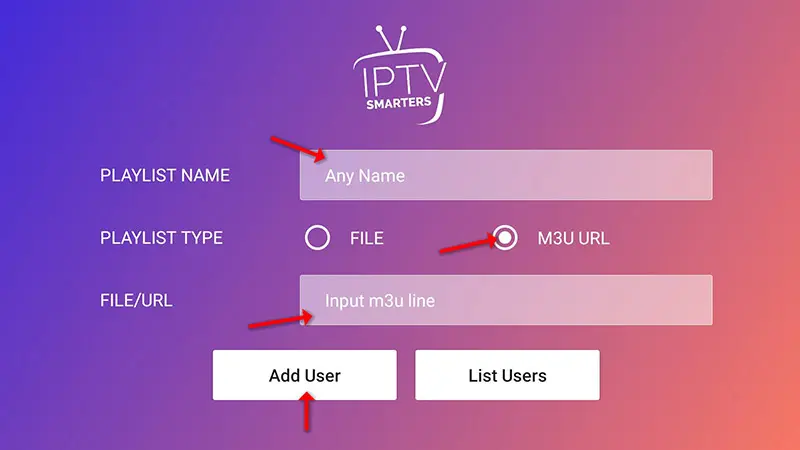 Pasting the M3U playlist URL link into the IPTV Smarters Pro configuration screen.