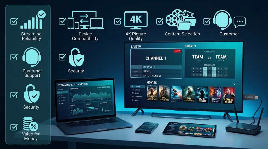 IPTV services compared using streaming quality, device compatibility and support criteria