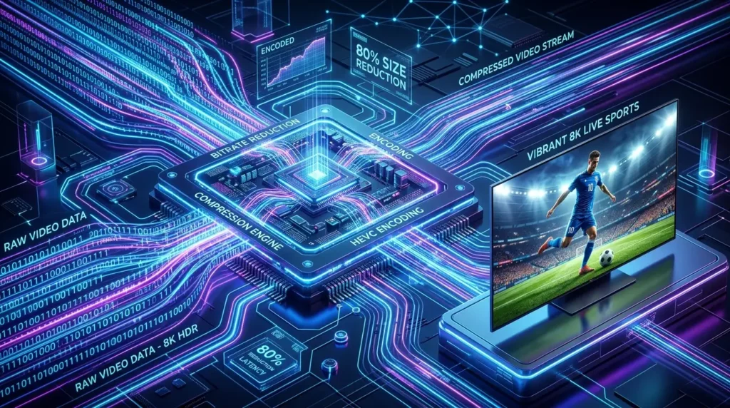Futuristic illustration of H.265 HEVC video compression technology enabling a smooth, no buffering IPTV stream.