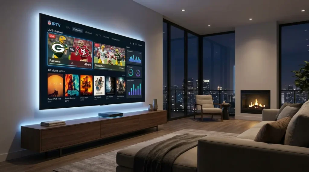 Top 10 Best Legal IPTV Providers in USA : How to Choose a Reliable Service in 2026 1 A high-end modern home entertainment setup featuring the best IPTV service providers in the USA.