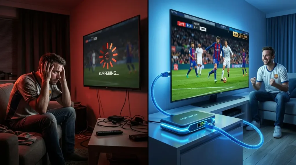 A comparison showing a buffering screen next to a smooth, no buffering IPTV stream connected via an Ethernet cable.