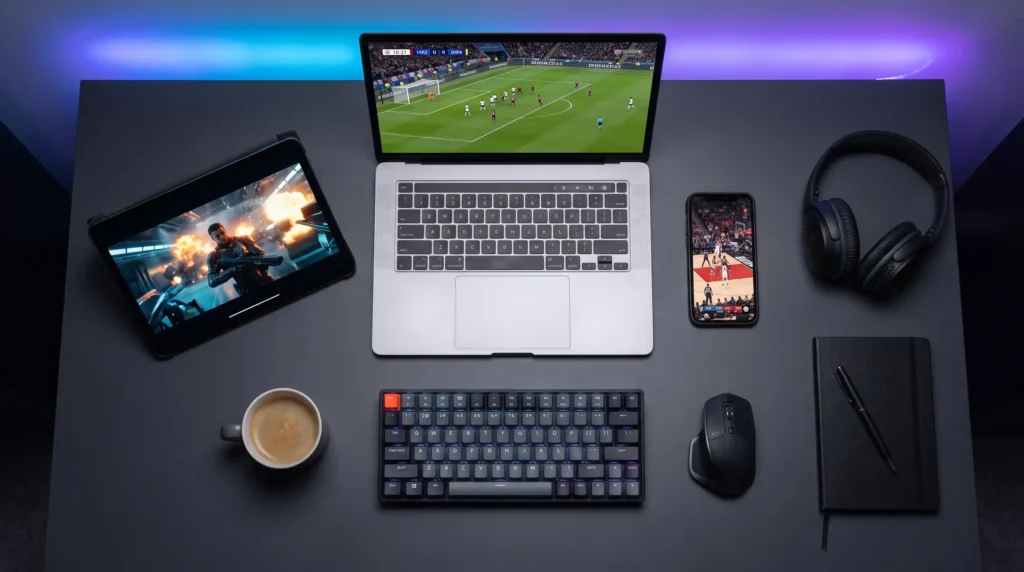 A laptop, tablet, and smartphone streaming live sports and movies side-by-side using a cross-platform free IPTV apps .