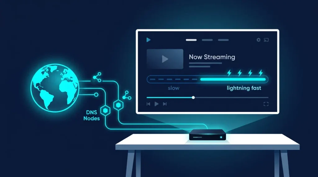 How to Configure IPTV DNS Settings for Reliable Streaming 2 Minimalist tech graphic showing IPTV DNS connection nodes and speed optimization for streaming devices