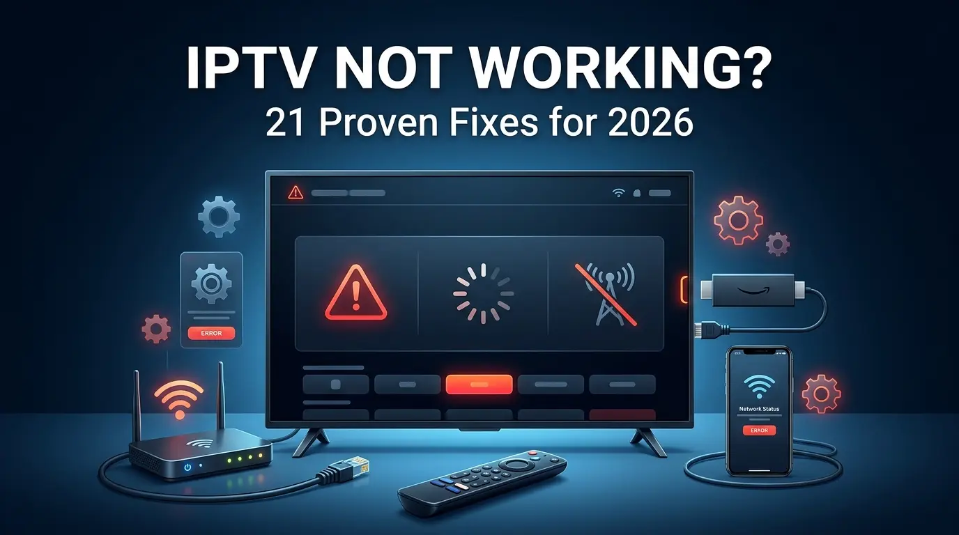 IPTV Not Working? 21 Proven Fixes That Actually Work in 2026 2 IPTV Not Working troubleshooting guide with smart TV streaming error and buffering fixes