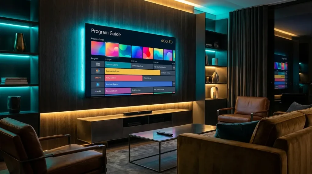 Smart TV displaying an electronic program guide with channel schedules.