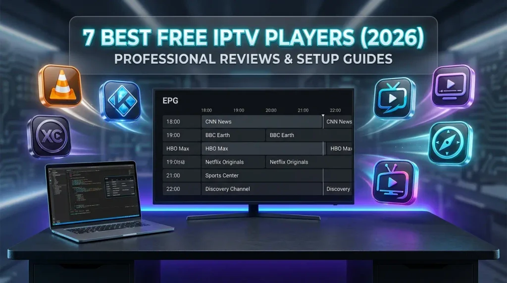 7 Best Free IPTV Players 2026: Android TV, Firestick & PC 1 Best free IPTV players interface comparison on a 4K Smart TV screen